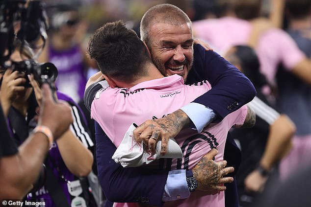 Messi celebrates with an emotional David Beckham after a truly hard-fought victory