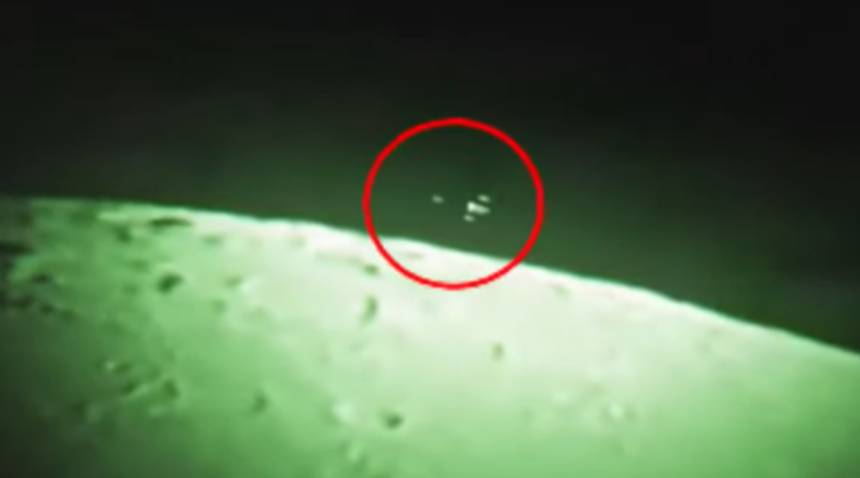 Three UFOs surround the giant mother ship, appearing from the horizon to the back of the moon in just 20 seconds