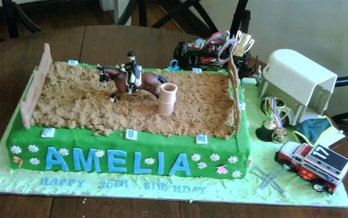 Dressage arena cake with rider and horse trailer