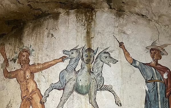 'Tomb of Cerberus' is discovered in Italy: Sealed burial chamber features a fresco of the three-headed dog said to guard the gates of the underworld