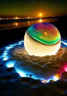 Phần này có thể chứa: an illuminated ball sitting on top of snow covered ground next to a body of water