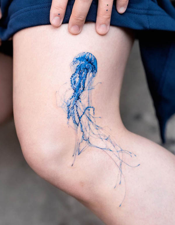 Blue jelly fish tattoo by @pokhy_tattoo