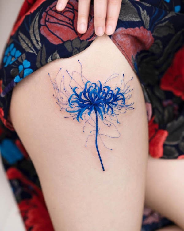 Blue spider lily tattoo by @pokhy_tattoo