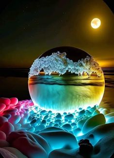 Phần này có thể chứa: an image of the inside of a glass ball with water and rocks in it at night