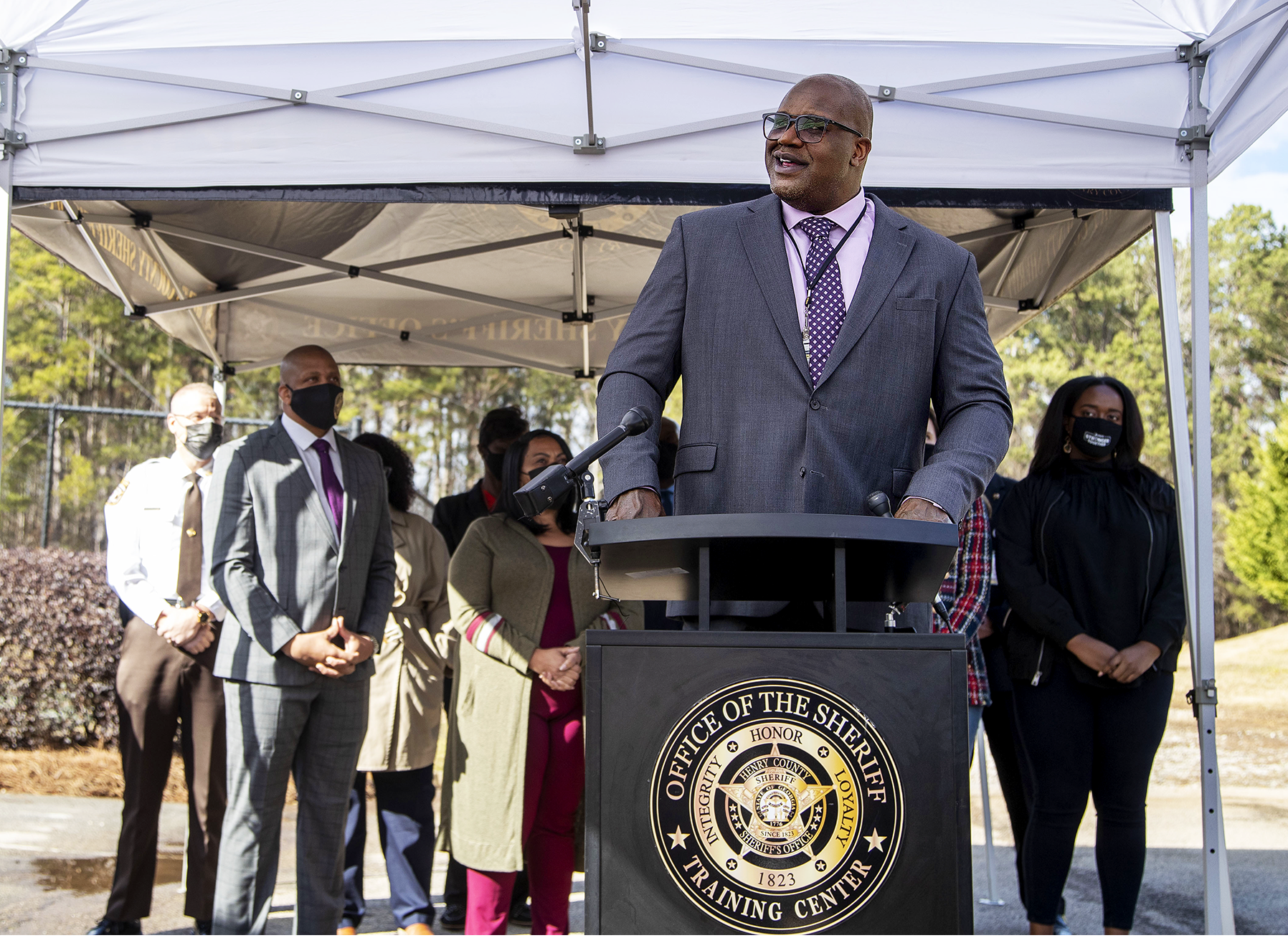 basketball hall of famer shaquille o'neal speaks at a press conference in mcdonough, ga, friday, jan 22, 2021, after being named henry county sheriff's office director of community relations by henry county sheriff reginald scandrett alyssa pointeratlanta journal constitution via ap