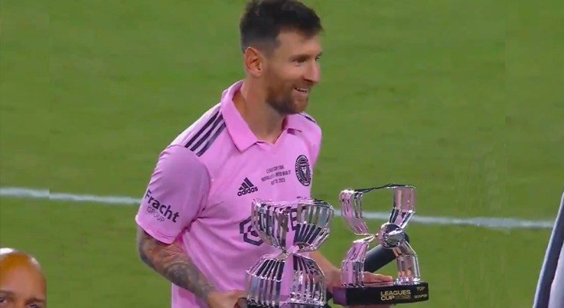 Inter Miami co-ower Jorge Mas poses with Lionel Messi & tennis icon Novak Djokovic after US Open Cup 2023 win