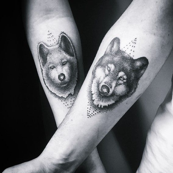 Dotwork Wolf and Fox Couple tattoo  Best Tattoo Ideas Gallery