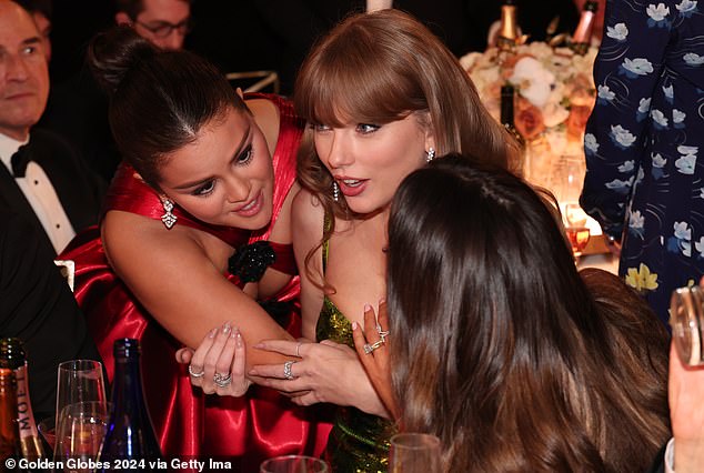 Video from their table showed Gomez, 31, Swift, 34, and Miles Teller's wife Keleigh Sperry having an extremely animated discussion - with a somber Selena waxing lyrical to a shocked Taylor and Keleigh, before the latter is clearly heard clarifying: 'with Timothee?' as Selena nods (pictured over the weekend)