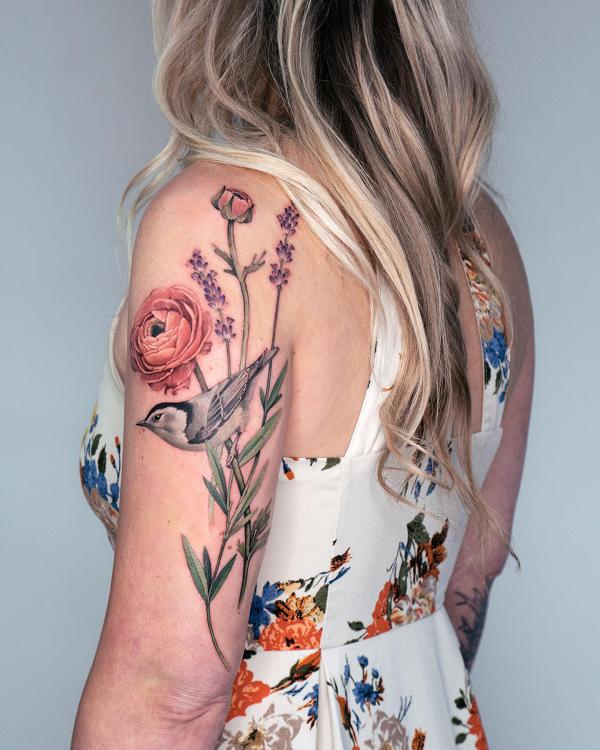 List Stunning And On Trend Back Arm Tattoos For Women In 2024   Flower And Bird Back Of Arm Tattoo 