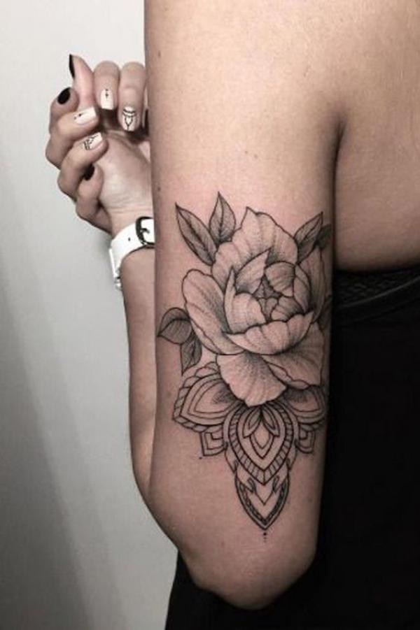 Mandala peony back of arm tattoo