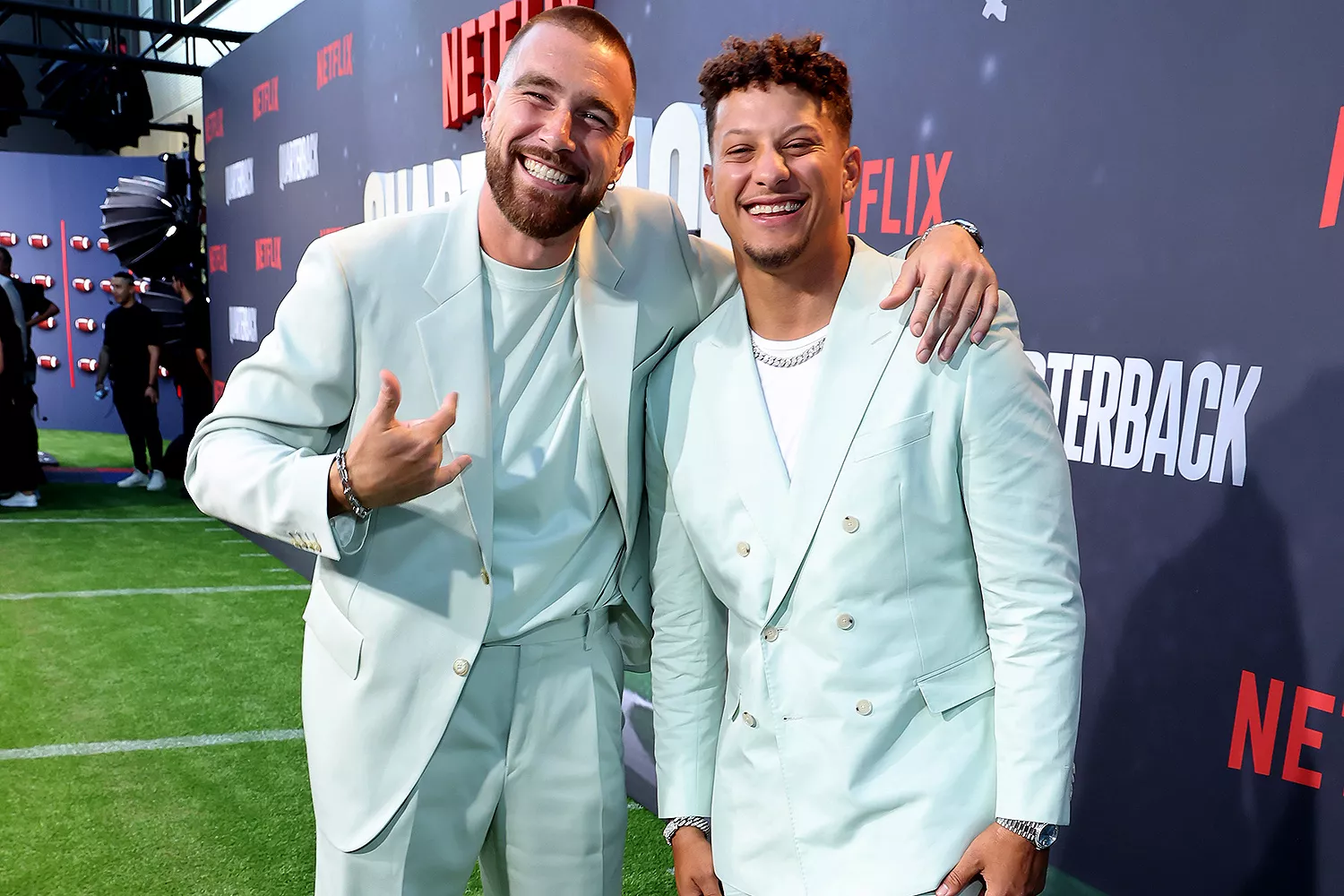Travis Kelce and Patrick Mahomes attend the Netflix Premiere of "Quarterback"