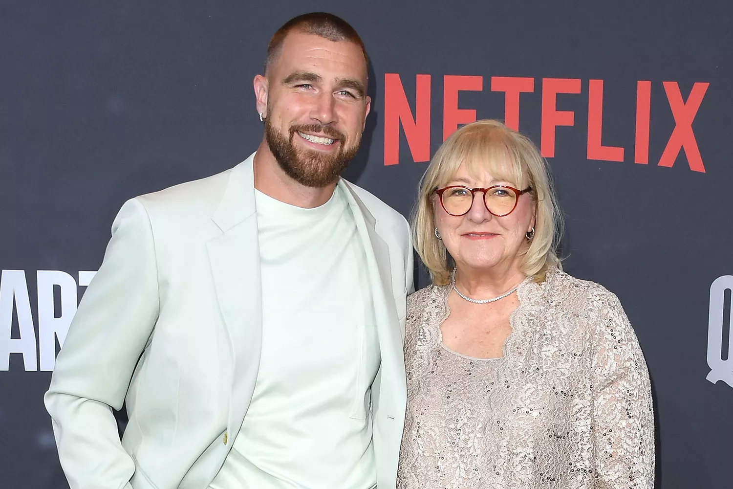 Pictured: (L-R) Travis Kelce and Donna Kelce at the Los Angeles Premiere Of Netflix's 'Quarterback' at TUDUM Theater on July 11, 2023 in Hollywood