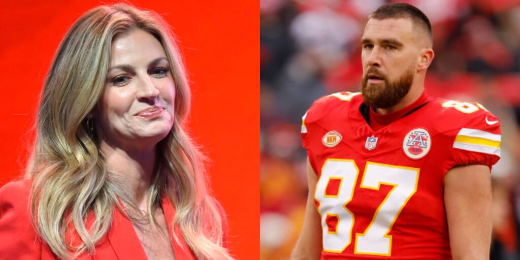 erin andrews smiling. travis kelce in uniform.