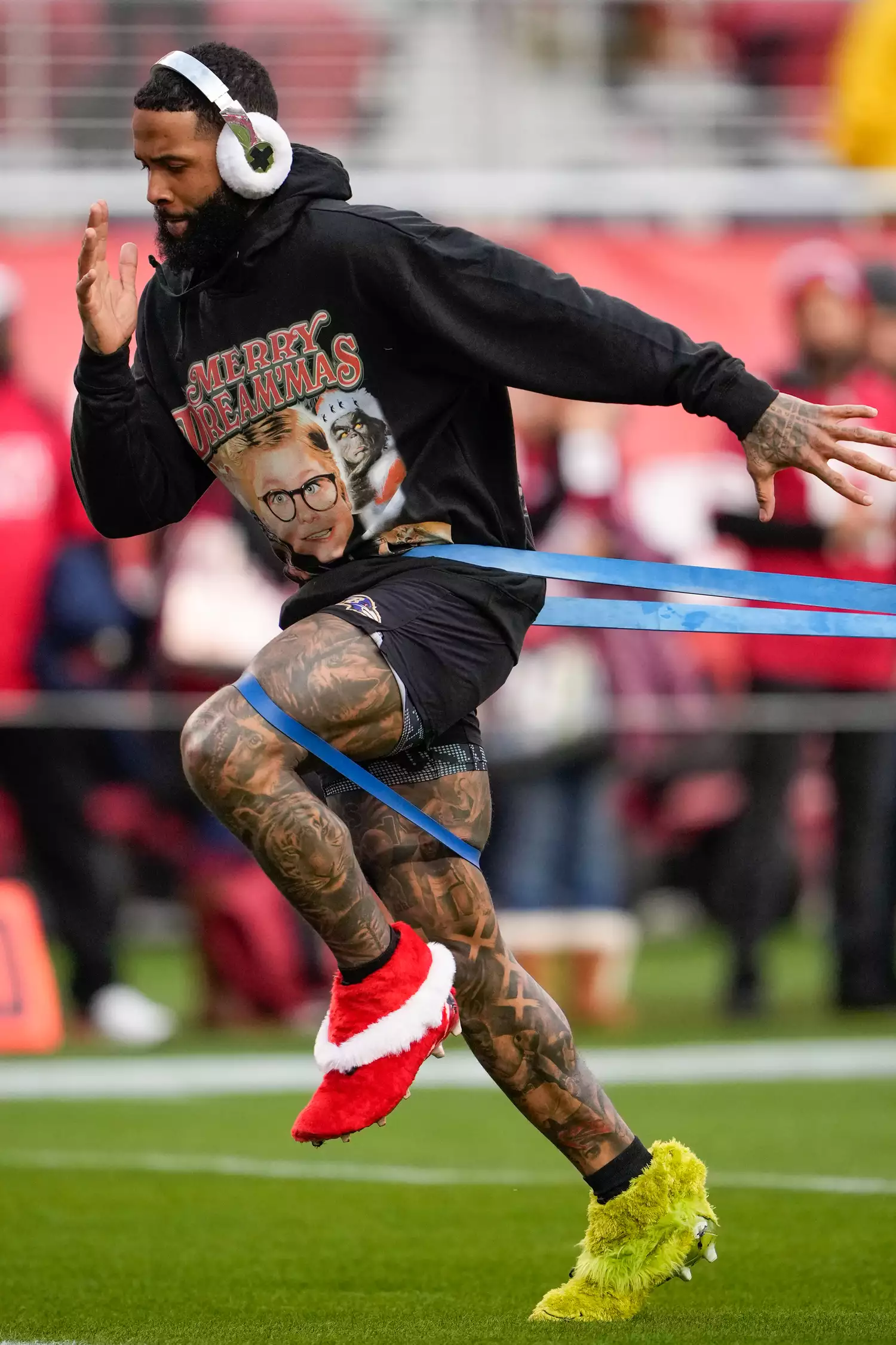 Odell Beckham Jr. #3 of the Baltimore Ravens warms up prior to a game against the San Francisco 49ers at Levi's Stadium on December 25, 2023 in Santa Clara, California.