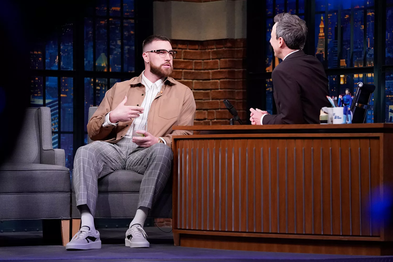 Kansas City Chiefs' Travis Kelce during an interview with host Seth Meyers on February 26, 2020