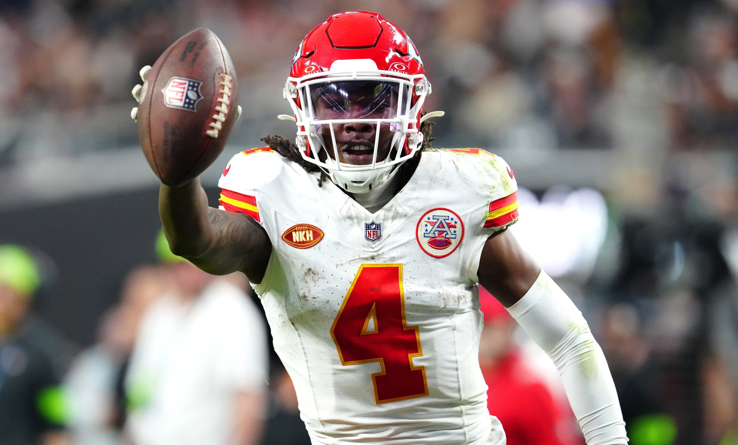 Nov 26, 2023; Paradise, Nevada, USA; Kansas City Chiefs wide receiver Rashee Rice (4) celebrates after scoring a touchdown against the Las Vegas Raiders during the fourth quarter at Allegiant Stadium.