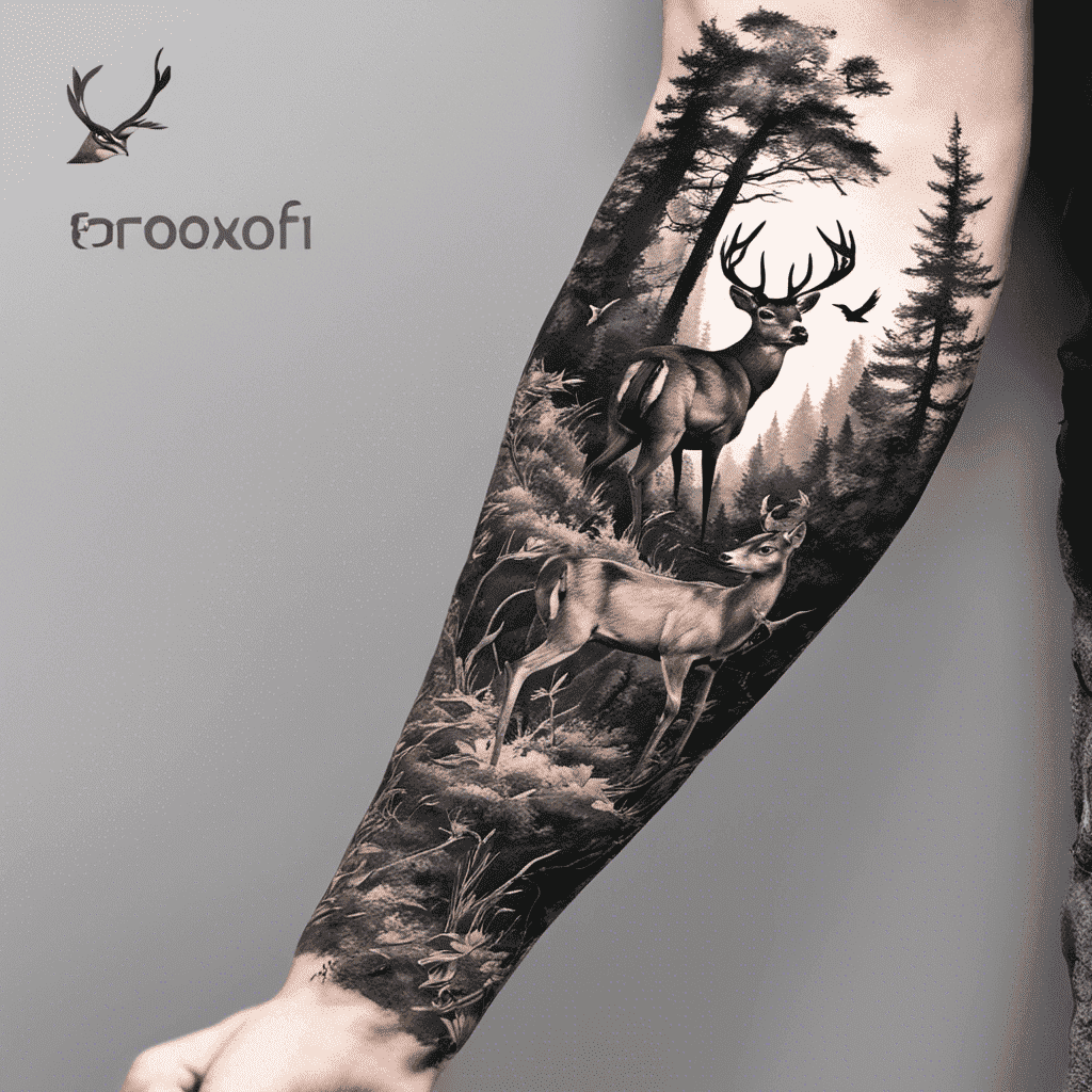 An intricate black and white tattoo of a woodland scene featuring deer and pine trees covering a person's arm.