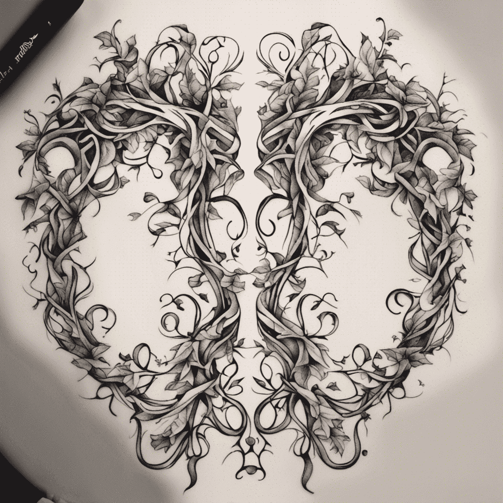 A detailed pencil drawing of a heart shape made up of intricate vine and leaf patterns on paper, with a pen resting to the top left side of the image indicating the artwork is hand-drawn.