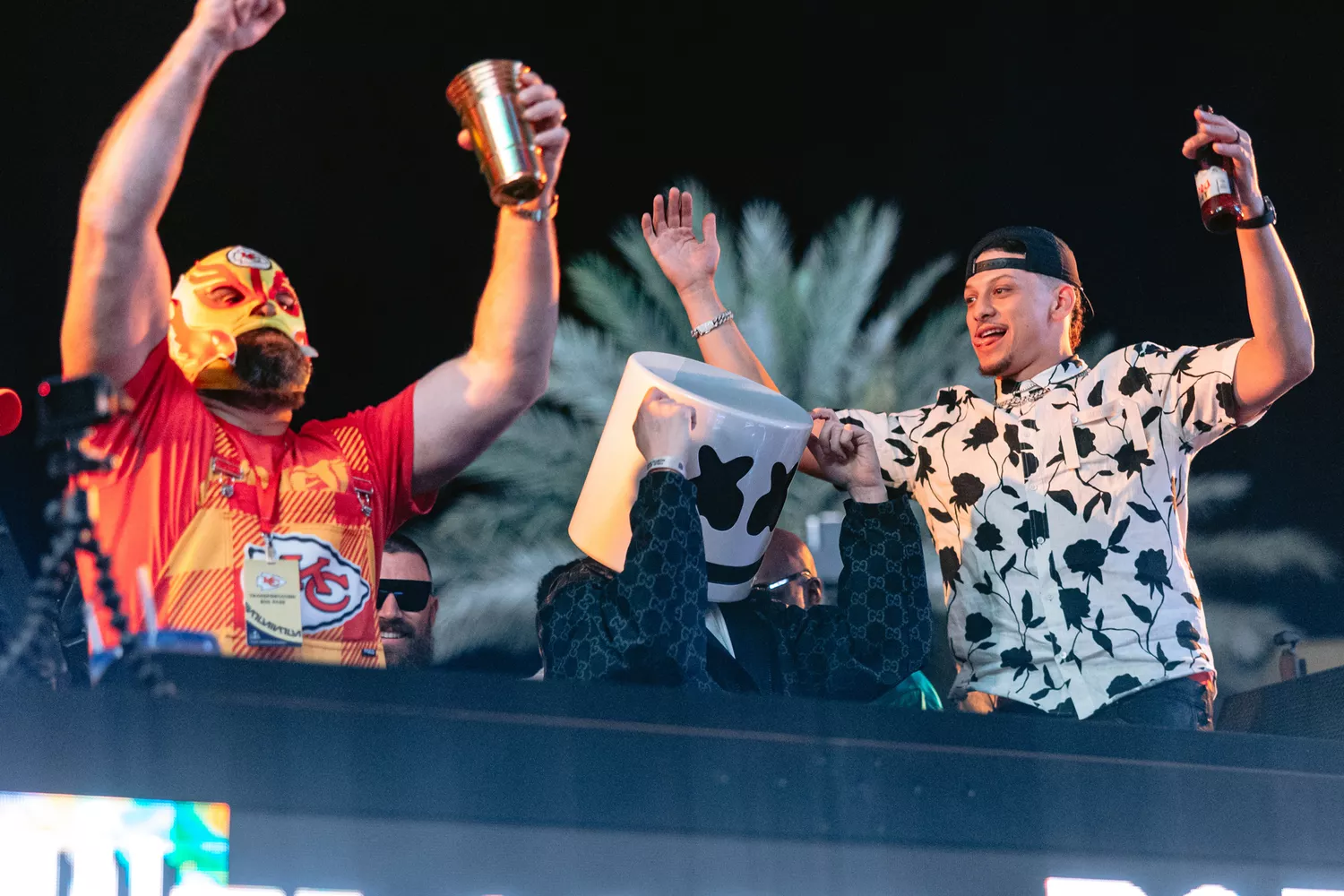 Jason Kelce Dressed in Festive Attire Parties with Marshmello and Patrick Mahomes at XS Nightclub inside Wynn Las Vegas on Feb. 11