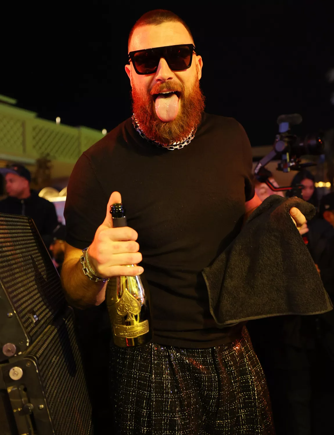 Travis Kelce Pops Bottles After Big Game Win at XS Nightclub inside Wynn Las Vegas on Feb. 11