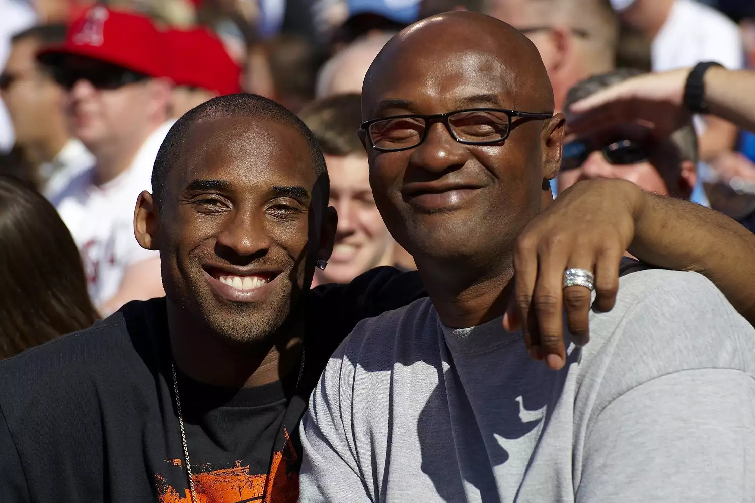 obe Bryant with his father Joe Bryant during Los Angeles Angels of Anaheim vs Los Angeles Dodgers game 2009