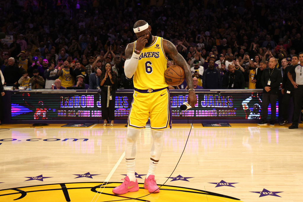 LOS ANGELES, CALIFORNIA - FEBRUARY 07: LeBron James #6 of the Los Angeles Lakers reacts after scoring to pass Kareem Abdul-Jabbar to become the NBA's all-time leading scorer, surpassing Abdul-Jabbar's career total of 38,387 points against the Oklahoma City Thunder at Crypto.com Arena on February 07, 2023 in Los Angeles, California. NOTE TO USER: User expressly acknowledges and agrees that, by downloading and or using this photograph, User is consenting to the terms and conditions of the Getty Images License Agreement. (Photo by Harry How/Getty Images)