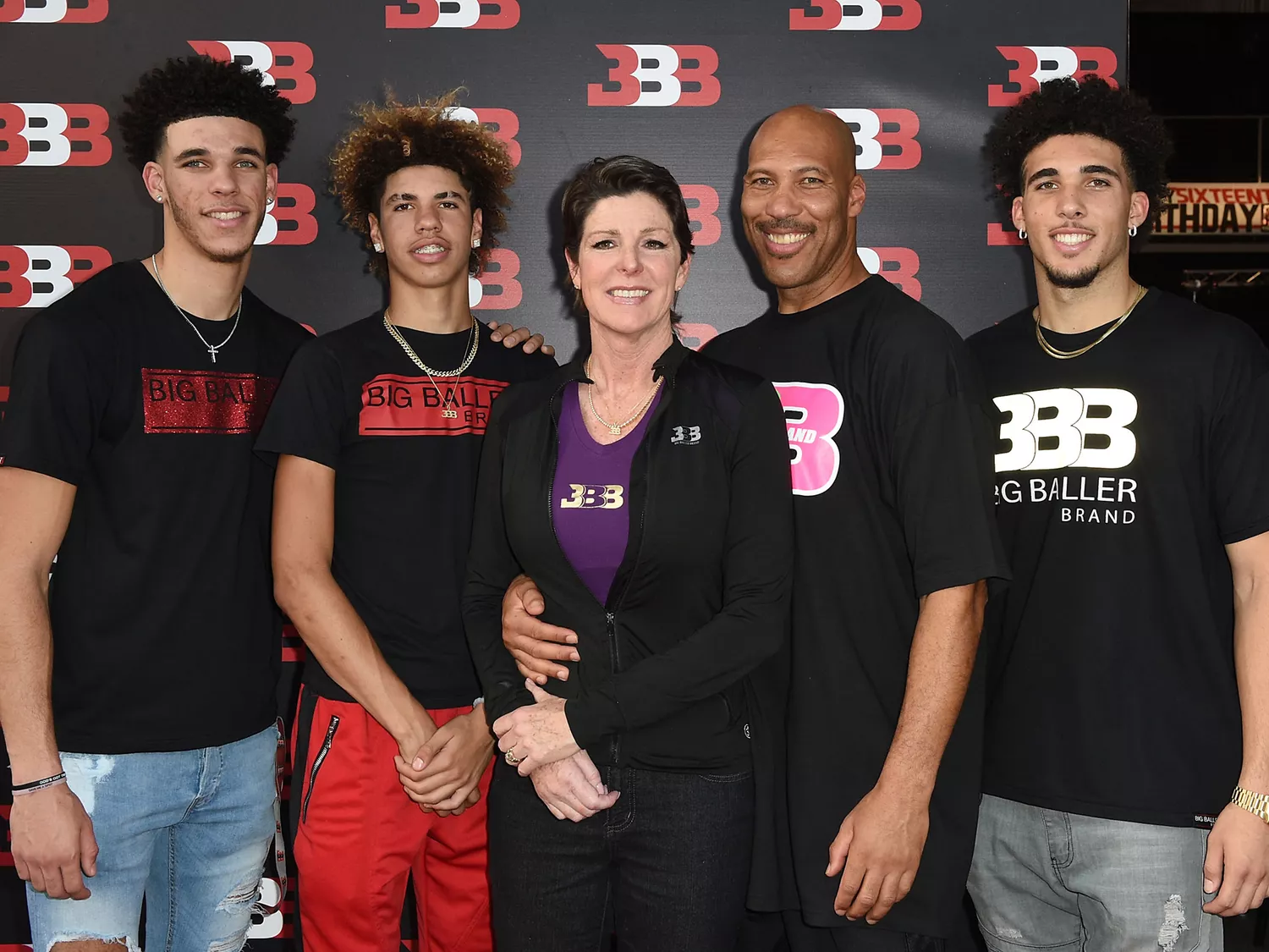 Lonzo Ball, LaMelo Ball, Tina Ball, LaVar Ball and LiAngelo Ball attend Melo Ball's 16th Birthday