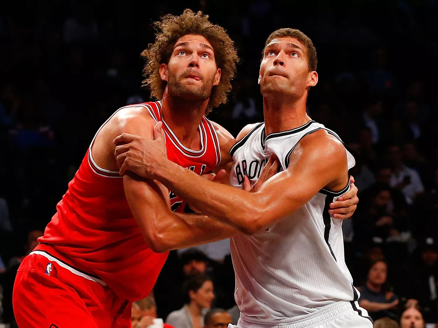 Brook Lopez #11 of the Brooklyn Nets in action against Robin Lopez #8 of the Chicago Bulls at Barclays Center on October 31, 2016.