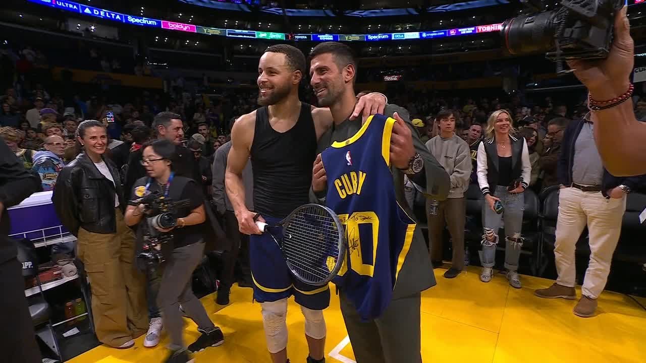 Jersey & Tennis Racket Swap  Steph Curry and Novak Djokovic after Lakers- Warriors | NBA on ESPN - YouTube