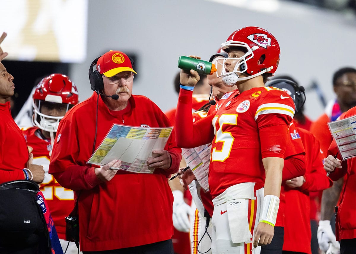 Feb 11, 2024; Paradise, Nevada, USA; Kansas City Chiefs head coach Andy Reid with quarterback Patrick Mahomes (15) against the San Francisco 49ers during Super Bowl LVIII at Allegiant Stadium. Mandatory Credit: Mark J. Rebilas-USA TODAY Sports