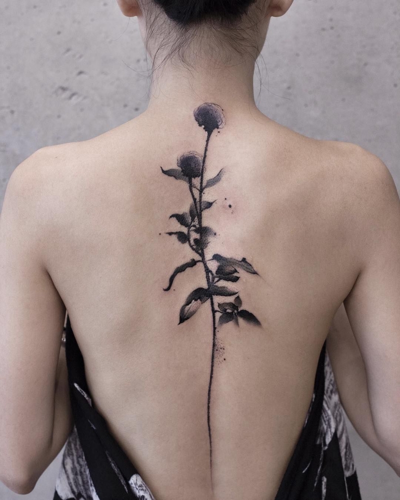 floral watercolor spine tattoo chenjie.newtattoo 4