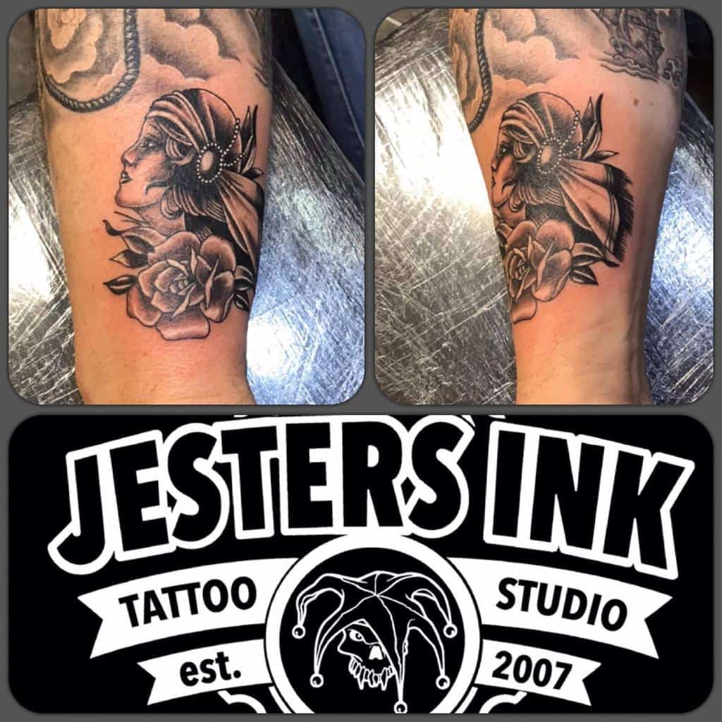 forearm gypsy rose tattoos jestersinktattoostudio