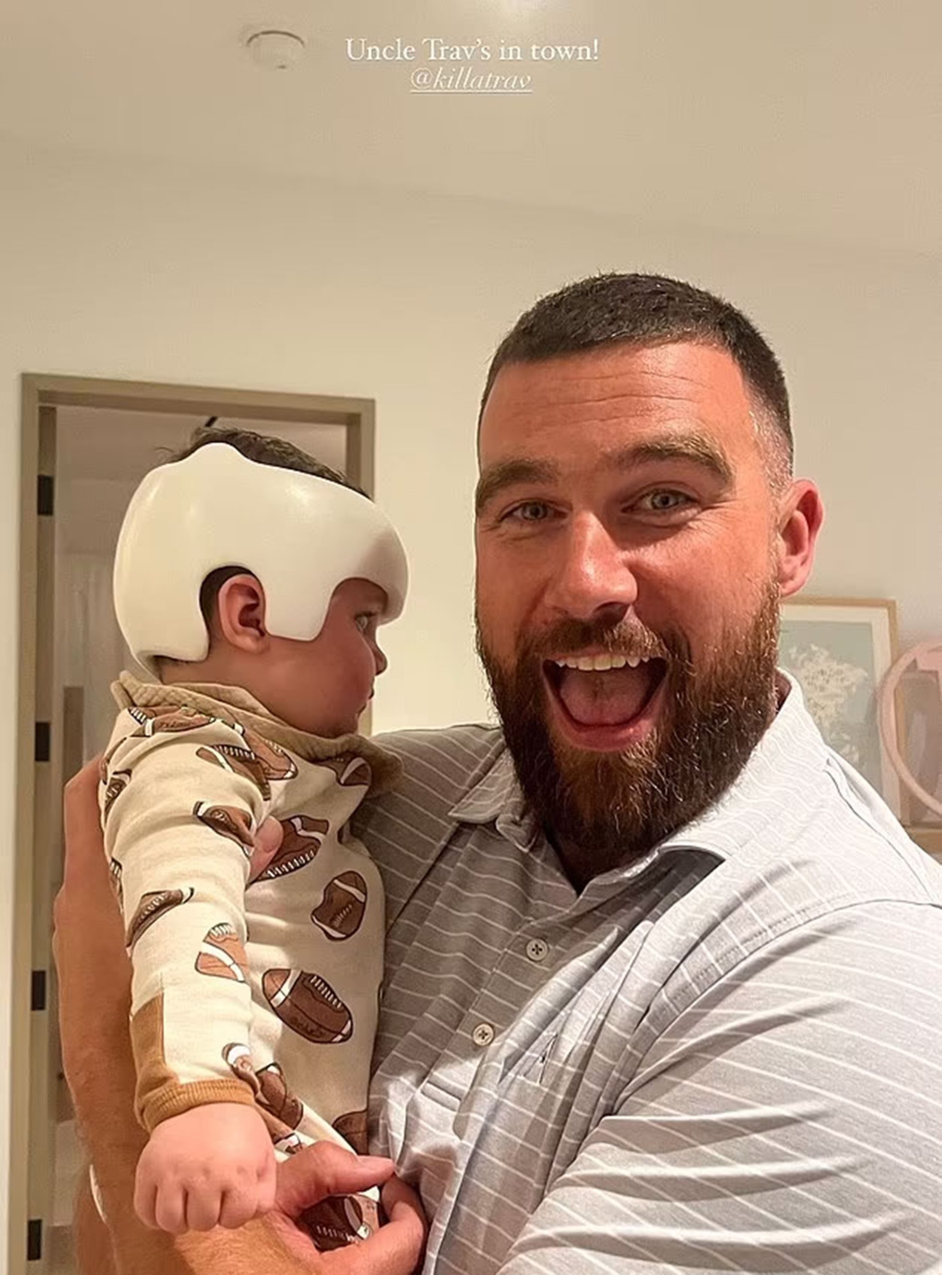 Travis Kelce and baby, as well as Taylor Swift inset