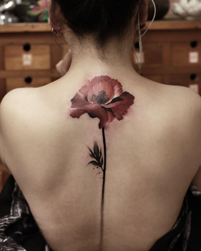 watercolor spine poppy tattoo chenjie.newtattoo 45