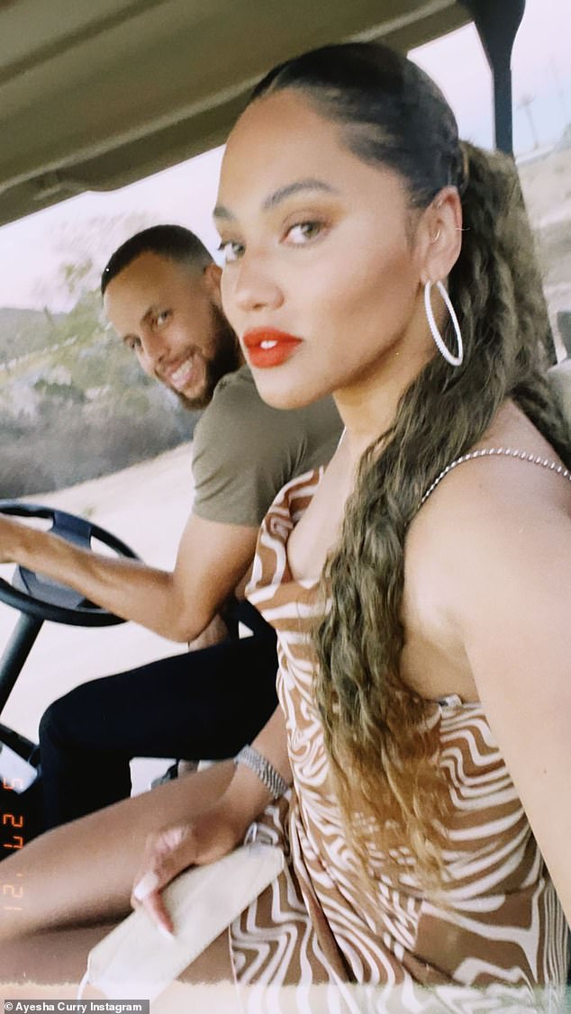 Dinner date: The [air got gussied up as they headed to a romantic meal in a golf cart