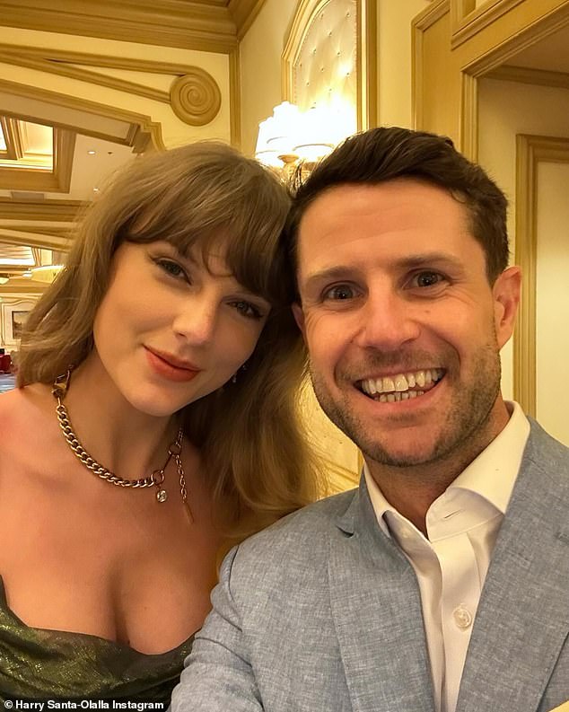 The 34-year-old Kansas City Chiefs tight end convinced the 34-year-old pop star - dazzling in a shimmery dress - to donate four tickets to her Eras Tour for the live auction emceed by professional auctioneer Harry Santa-Olalla (R)