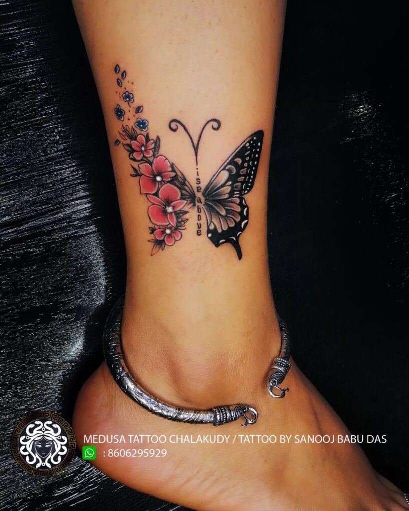 Unique flower butterfly tattoo design for womens leg with image