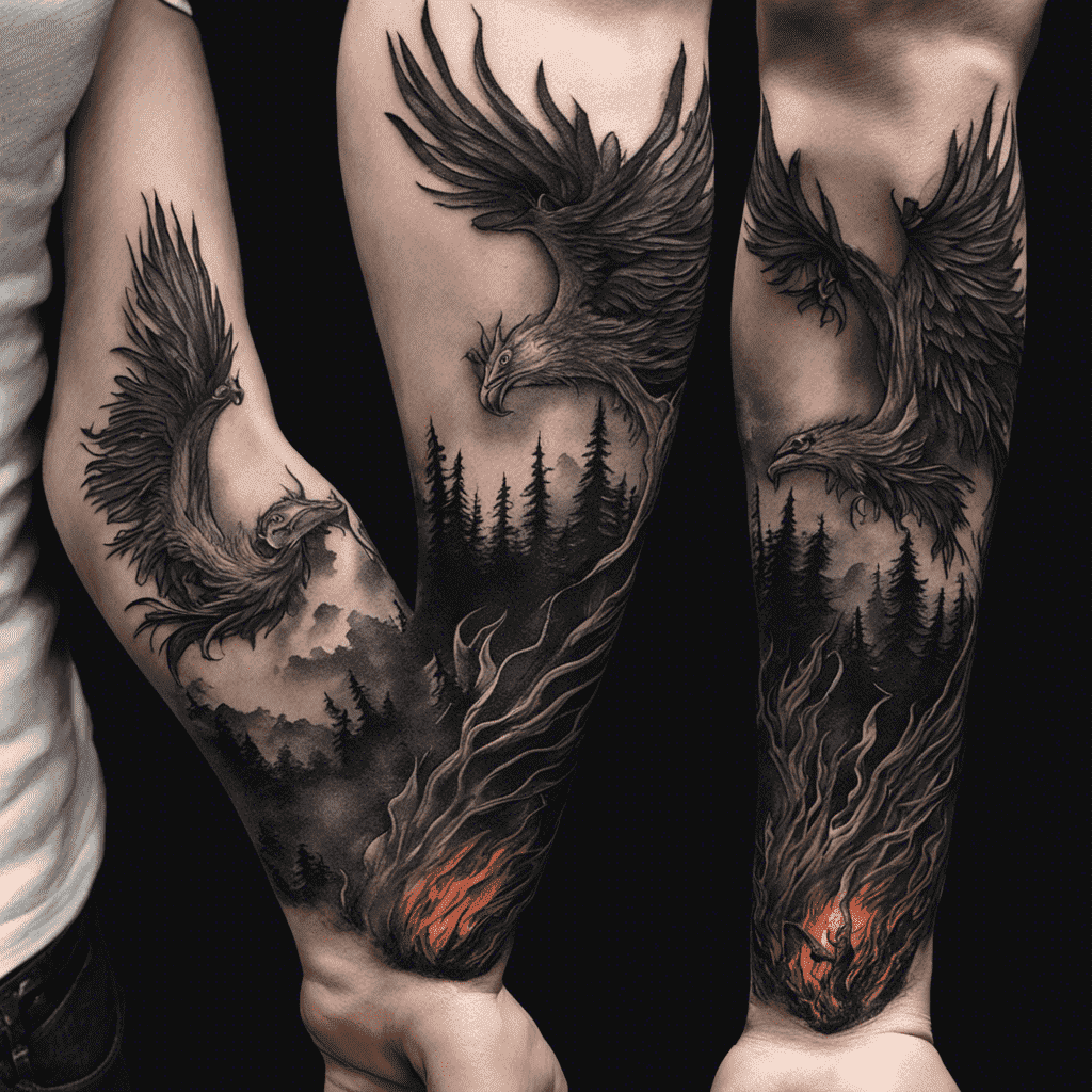 A detailed black-and-grey tattoo of three phoenixes rising from flames, set against a backdrop of forest and clouds, inked across three forearms.