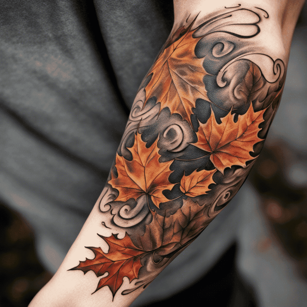 Alt text: Close-up of a detailed tattoo on someone's arm, featuring autumn leaves and swirling patterns in shades of brown and orange.