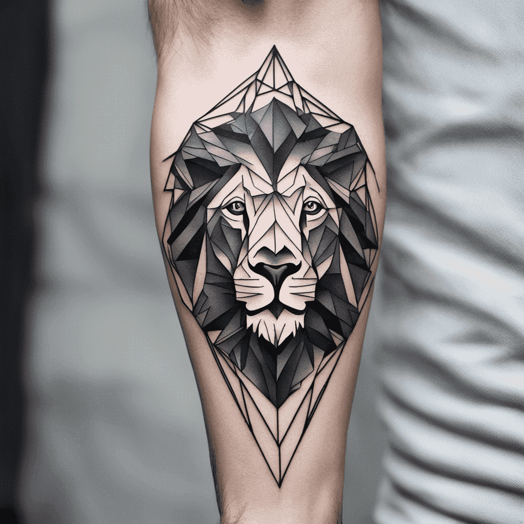 Black and gray geometric lion tattoo on a person's arm.