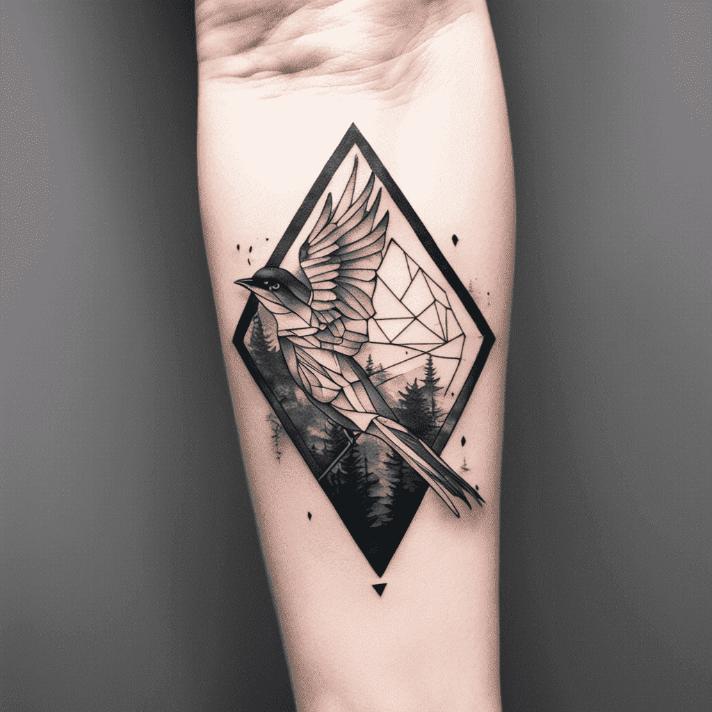 Alt text: A geometric tattoo of a bird in flight enclosed within a diamond shape, featuring pine trees and scattered dots, inked on someone's arm.
