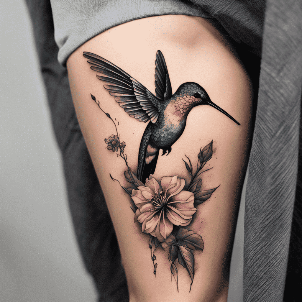 A realistic black and grey tattoo of a hummingbird in flight, with detailed wings and body, and a large flower with leaves on a person's thigh.