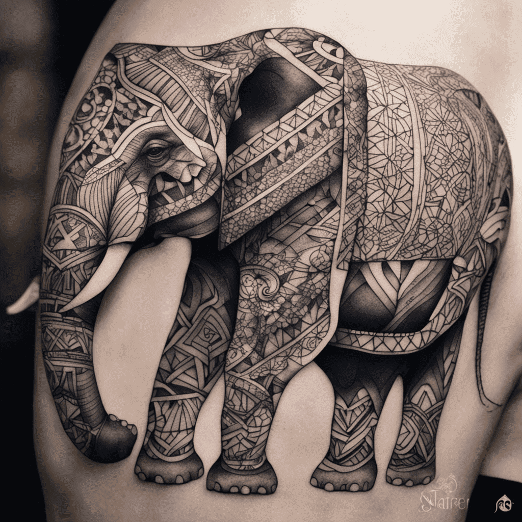 A detailed black and white tattoo of an elephant with intricate tribal patterns covering its body.