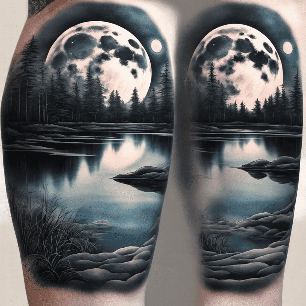 Alt text: A tattoo of a nighttime landscape on two arms, showing a large full moon over a forest and its reflection in a calm lake.