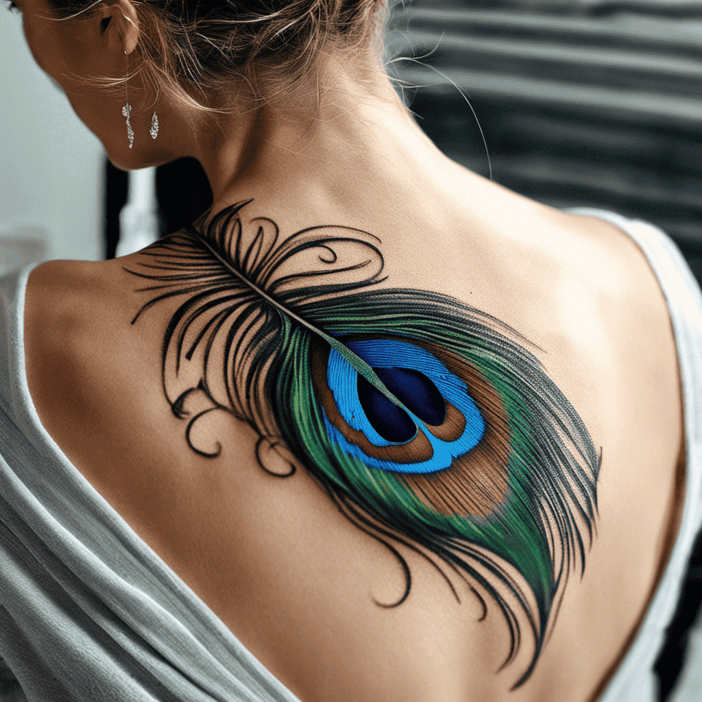 A person with a detailed peacock feather tattoo covering their shoulder and back.