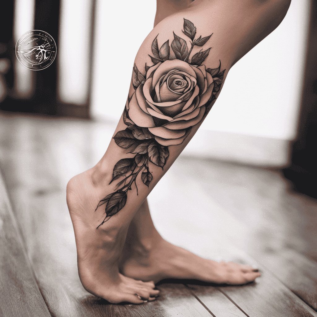 Alt text: A detailed black and grey tattoo of a rose with leaves on someone's calf, showing the leg from thigh to foot against a blurred background.