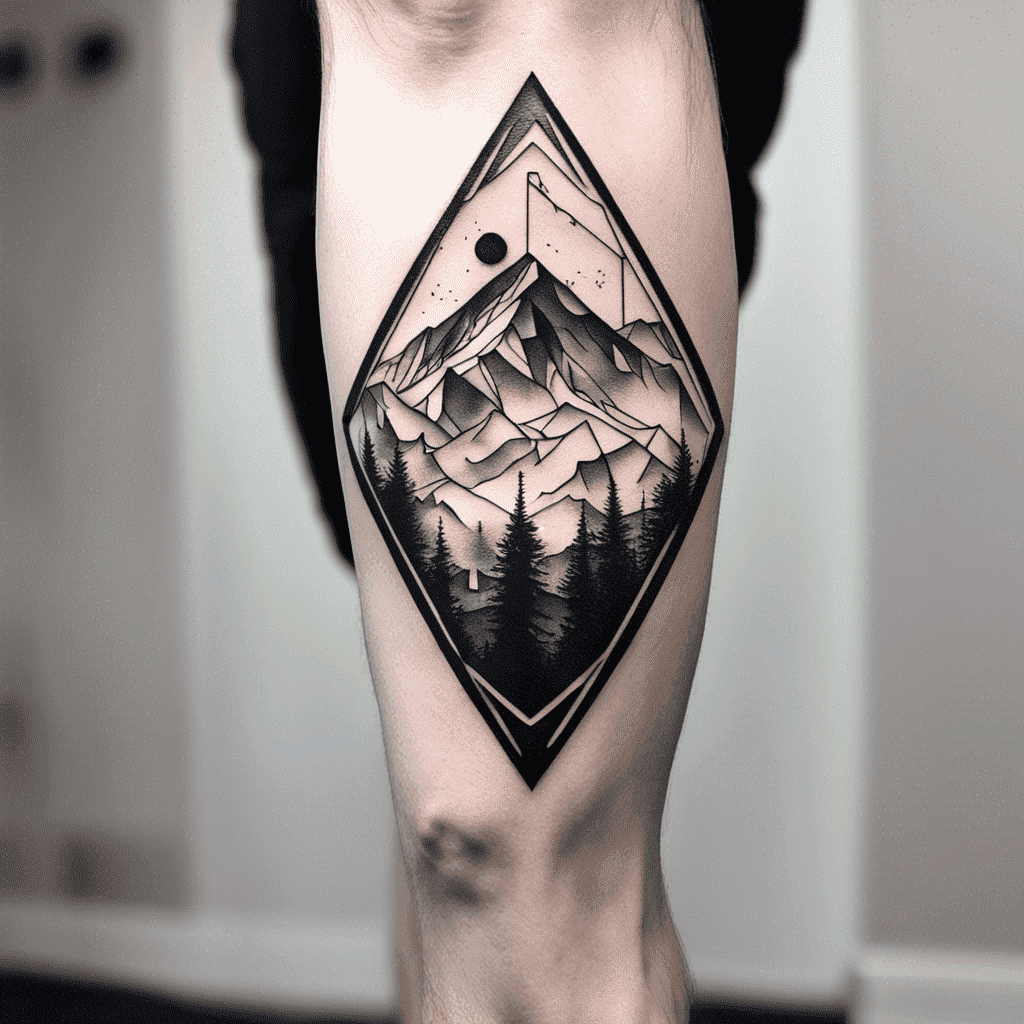 Alt text: A detailed black and grey tattoo of a geometric nature scene featuring mountains, pine trees, and celestial elements on someone's forearm.