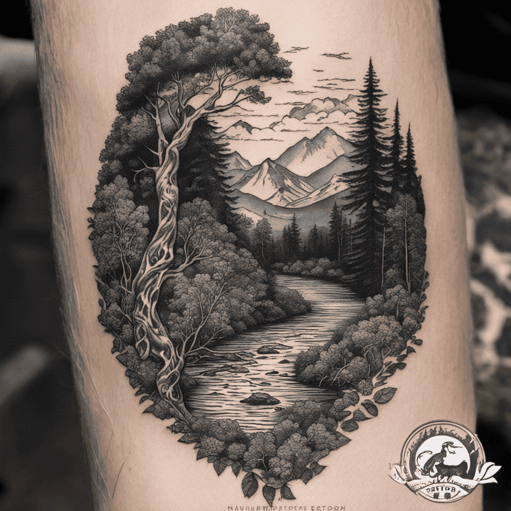 A detailed black and grey tattoo of a nature scene with a river, mountains, pine trees, and a large tree forming a circular border, all inked on someone's leg.