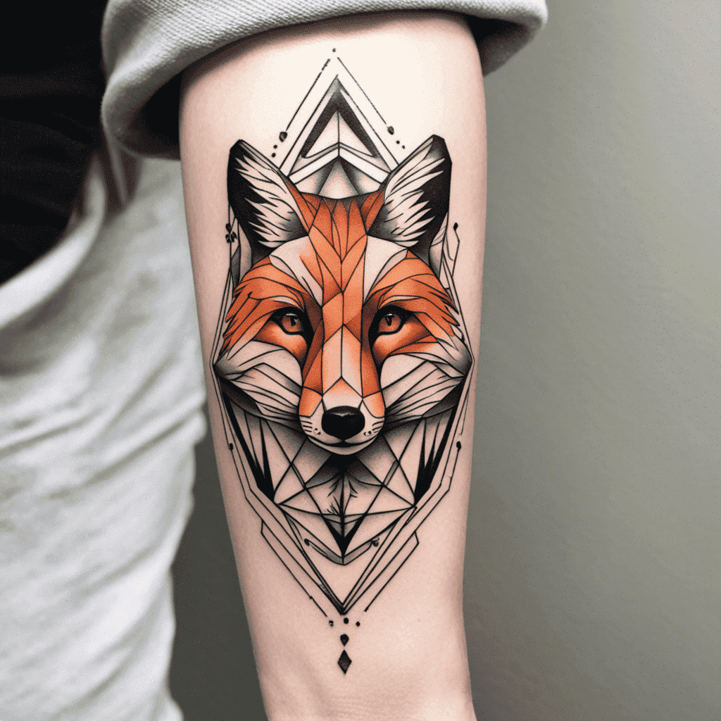 A detailed tattoo of a geometric fox head on a person's thigh. The tattoo features vibrant orange and black colors, with intricate line work and shapes forming the fox's features.
