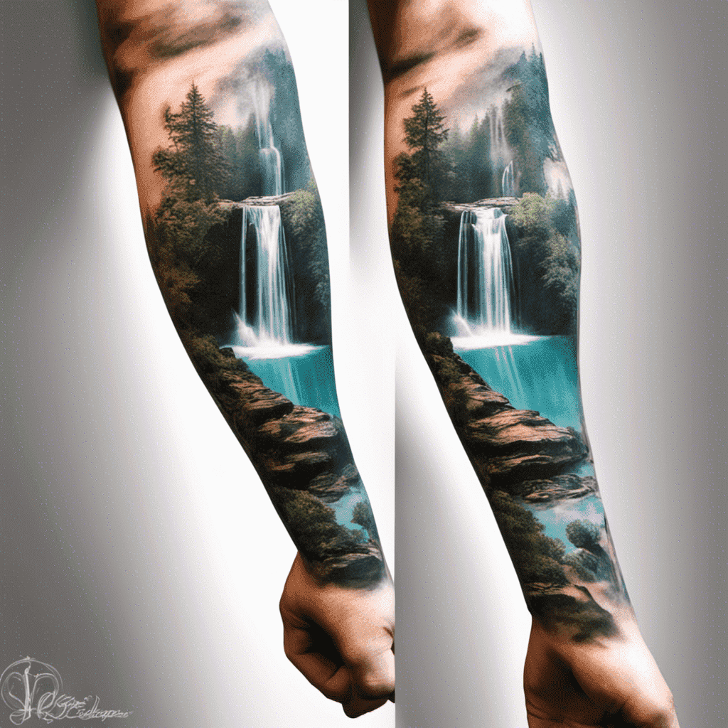 An image showing two arms side by side with detailed, colorful sleeve tattoos depicting a vibrant nature scene with a waterfall, trees, and blue skies.